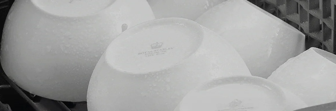 식기세척기 내부에 여러 개의 그릇이 뒤집힌 상태로 놓여 있으며, 그릇 표면에는 물방울이 맺혀 있습니다. 그릇 중 하나에는 ROYAL STANLEY라는 글자가 새겨져 있습니다. 그릇들은 플라스틱 또는 금속 재질의 선반 위에 정렬되어 있습니다.